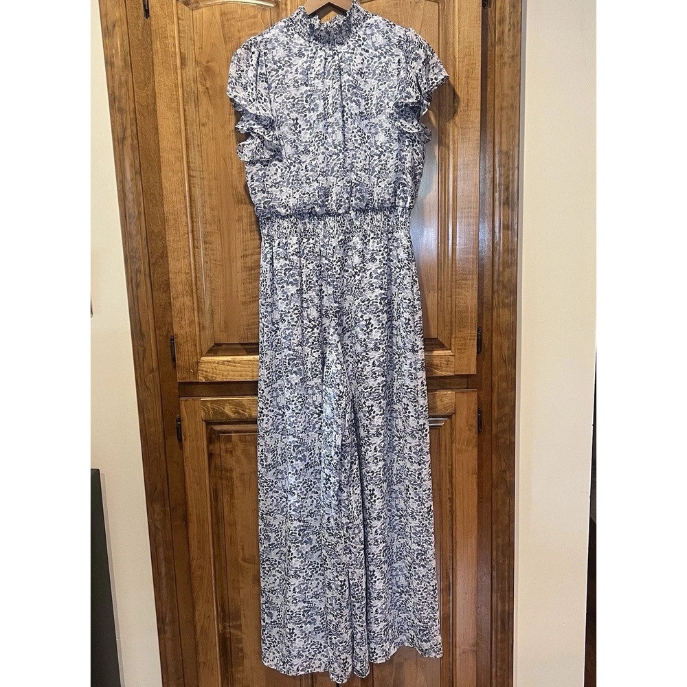 MSK Women's Blue Printed Smocked High Neck Flutter Sleeve Jumpsuit Large Wideleg